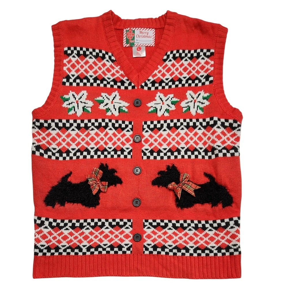 Merry Christmas Scottie Dog Knit Sweater Vest Red Holiday Festive Womens Large